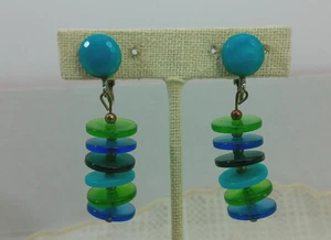 Vtg GROOVY Blue Green Dangle CHUNKY Plastic Drop Disk MOD Boho Fun Clip Earrings - Picture 1 of 13