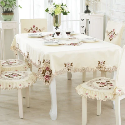 Lace Tablecloth Embroidered Tablecover Floral European Round Square Home White - Image 1 of 4