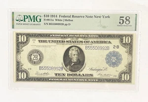 1914 $10 Dollar Federal Reserve Note Paper Money Certified PMG AU58 ~ 992B - Picture 1 of 2