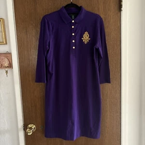 lauren ralph lauren polo shirt dress purple solid gold crest logo size Large  - Picture 1 of 9
