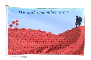 Remembrance Day Poppy We Will Remember Flag With Rope and Toggle - Various Sizes - Picture 1 of 7