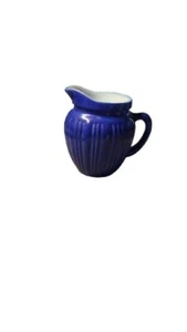 Vtg Hazel Atlas Platonite Ribbed Blue Fired On White Milk Glass Creamer Pitcher - Picture 1 of 7