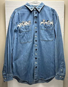 Vintage Disney Store 101 Dalmatians Embroidered Blue Denim Button Down Shirt (L)