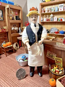 Vintage Artisan Miniature Dollhouse Porcelain Man/Store Clerk Doll 1:12 Scale - Picture 1 of 10