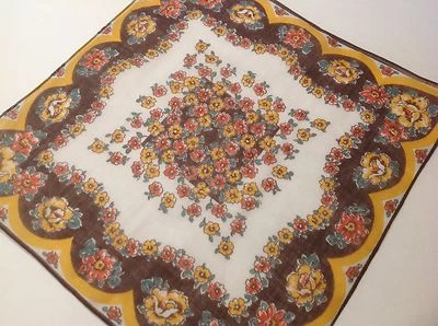 Vintage Ladies War-Time Hanky-Gold/Yellow & Red Flowers in Pretty Scallop Design - Image 1 of 4