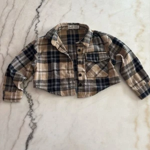 Brown And Black Cropped Plaid Long sleeve Size 4 Girls - Picture 1 of 3