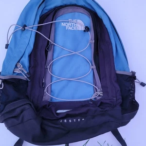 The North Face Jester Backpack Blue Black Bungee Daypack School Mesh Pockets - Picture 1 of 3