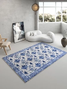 Alfombra de área vintage de porcelana azul 5x7 con acento oriental - estampado floral de lana sintética... - Imagen 1 de 6