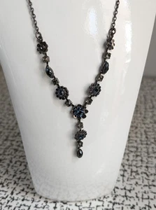 Pretty Accessorize Blue Grey Black Glass & Acrylic Y Drop Flower Necklace - Picture 1 of 4