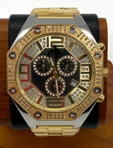 Acid 215 / 316L Gold Tone Gold & Black Face Diamond Bezel 45mm Men's Watch - Picture 1 of 13