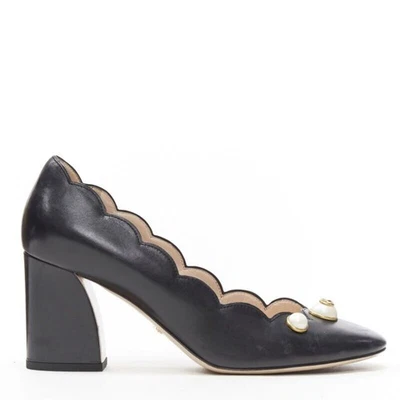 GUCCI GG Pearl black leather scalloped edge round toe chunky heel pump EU37.5 - Image 1 of 4