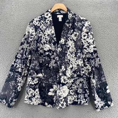 Blazer Chicos para mujer 1 EE. UU. mediano negro blanco floral bolsillos abotonados elástico Foto 1 de 4