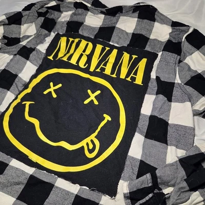 Camisa de flanela upcycled Nirvana tamanho XL banda unissex grunge Y2K - Imagem 1 de 4