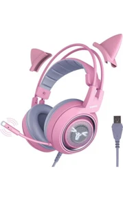 pink gaming pc ps4 Ps5 Laptop Cat Ear Headphones USB Gaming With Mic Noise Led - Picture 1 of 12