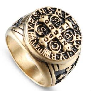 NEW Mens Catholic St Saint Benedict Cross Ring Stainless Steel Exorcism Medal - Picture 1 of 12