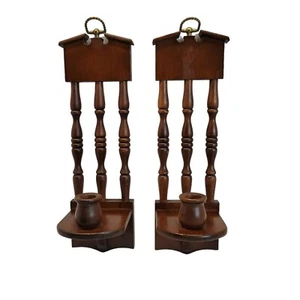 Pair of Vintage Wooden Spindle Back Wall Hanging Candle Holders - Picture 1 of 8