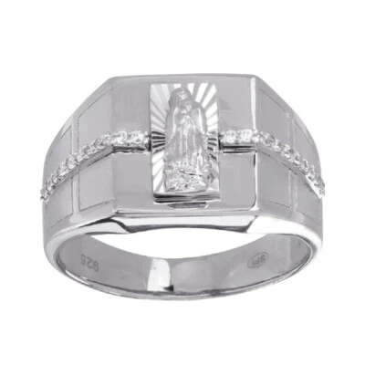 Uomo Argento Sterling Religioso Signora Di Guadalupe Anello W/Zirconi Zirconia - Immagine 1 di 2