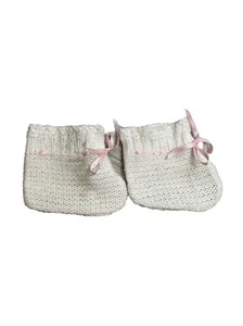 Vintage Knitted Baby Booties / Socks w/ Pink Ribbon - Picture 1 of 2