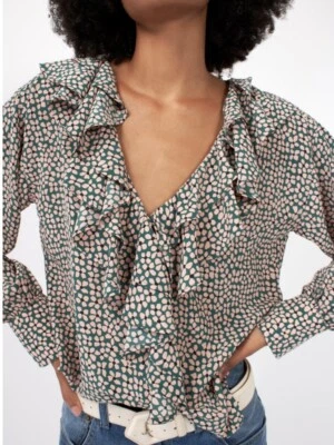 NUEVO EQUIPO (Talla M) Blusa Antara Verde Seda Estampado Multi Floral Volantes - $325 Foto 1 de 4