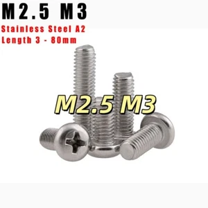Phillips Pan Head Machine Screws Bolt Stainless Steel A2 Length 3 - 80mm M2.5 M3 - Picture 1 of 10