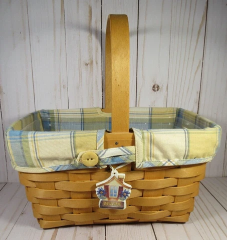 Longaberger "Welcome" Basket Yellow-Blue Fabric & Clear Plastic Liner 2001 Cover