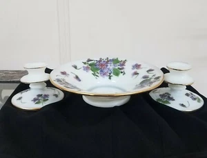 3 piece Consolidated console set Catalonia violets Bowl  Candlesticks Milk Glass - Picture 1 of 12