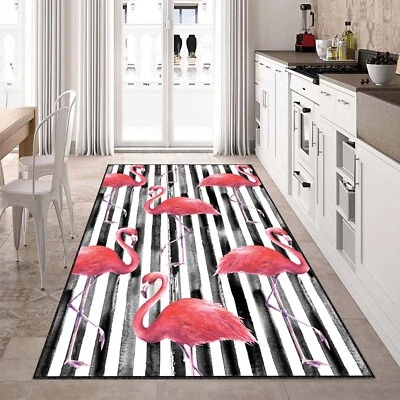 Flamingo Runner Rug, Pink Flamingo Hallway Carpet, Black White Striped Runner - Image 1 of 4