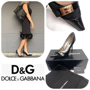 Dolce & Gabbana Logo decollete Pony Hair/Patent Leather Cap Toe Heels Pumps 7,5 - Picture 1 of 13