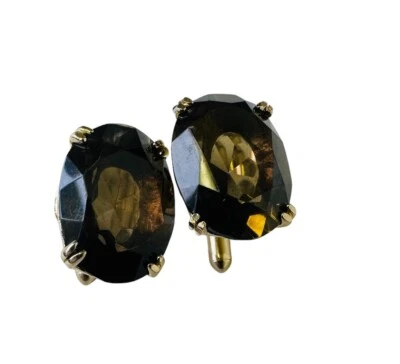 Дымчатые кварцевые запонки унисекс куполообразные золотистые коричневые граненые овальный камень винтаж - Изображение 1 из 4
