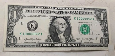 2021 (K) One Dollar Bill #10000042 Fancy Serial Number  - Image 1 of 2