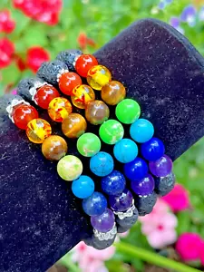4Pc Bracelet SET! Chakra Rainbow Bead Lava/Gemstone Adjustable/Stretch US SELLER - Picture 1 of 11