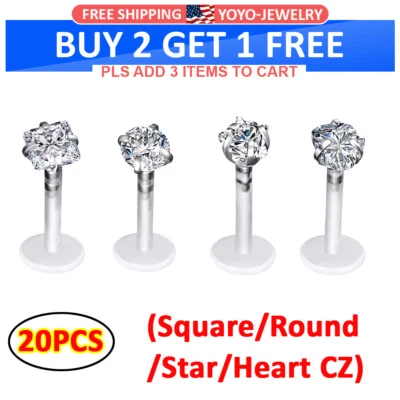 20 peças parafuso prisioneiro labial transparente CZ Gem Labret Monroe anel acrílico hélice Tragus retentor 16G - Imagem 1 de 2