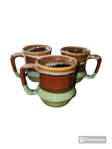 3 VTG Coffee Tea Mugs Cups D Handle Pottery Green Brown Drip Glaze Retro MCM - Picture 1 of 20