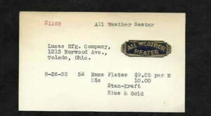 1932 Lucas Mfg Co. calentador para todo clima etiquetas de latón... Archivo Angell MFG - Imagen 1 de 2