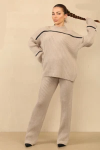 Women Oversized Knitted Pull On Top&Wide Leg Pant 2 pieces Loungewear Co-Ord Set - Picture 1 of 30