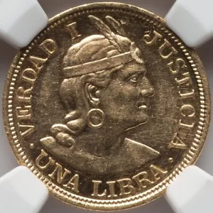 1917 Peru Una Libra Gold Coin NGC AU-58 South American Lima - Picture 1 of 6