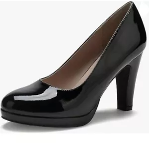 miss left Women's Low Platform High Chunky Heels Slip On Closed Round Toe Black - Picture 1 of 8