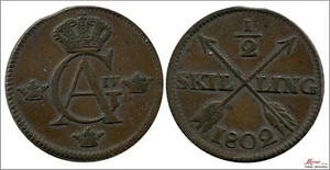 Sweden 1/2 Skilling 1802 - Avesta Mint MBC+ / VF+ - Picture 1 of 1