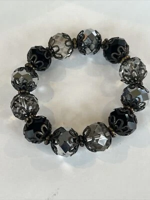 Pulsera Acrílico Cuentas Grandes Negro Ahumado Transparente Facetado Bronce Tapas Buen Elastizamiento Foto 1 de 4