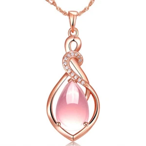 Pink Natural Jade Water drop Pendant Necklace Real Jewelry Rose Gold Plated - Picture 1 of 8