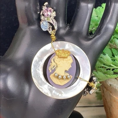 Adorned Crown artisan assemblage purple  cameo rhinestone bracelet - Image 1 of 4