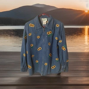Quaker Factory Jacket Women’s Small Cotton Zip Up Denim Sunflower Embroidery T35 - Picture 1 of 3