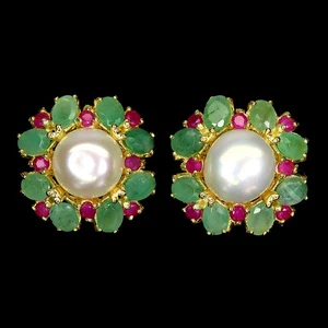 925 Sterling Silver Earrings Pear Emerald Ruby Pearl Flower Gemstone Jewelry - Picture 1 of 13