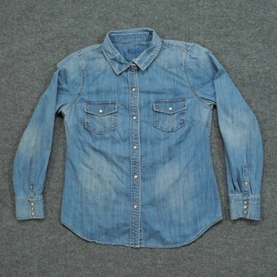 Camisa a Presión Denim Perla Para Mujer Azul Medio Western Country Manga Larga Foto 1 de 4