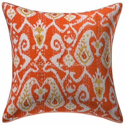 Indian Cotton Decorative Pillows Covers Orange Kantha Printed Ikat Cushion Cover - Image 1 of 3