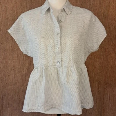 C&C CALIFORNIA Sm 100% Linen Black & White Micro Stripe Babydoll Peplum Top - Image 1 of 4