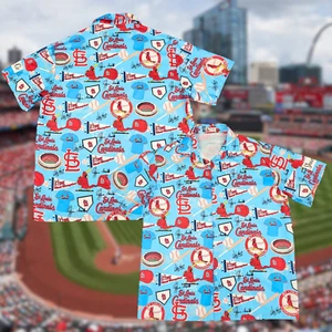 St Lous Cardinals Shirt Mens XL Blue Hawaiian Aloha All Over Print Logo Camp - Picture 1 of 7