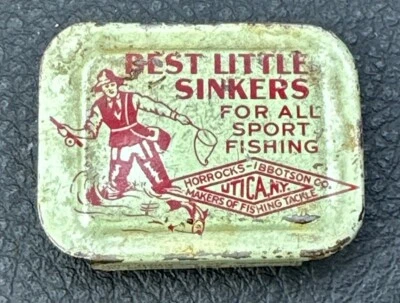Horrocks Ibbotson HI UTICA Sinkers Antique Advertising Fishing Tin Slide Top Box - Image 1 of 3