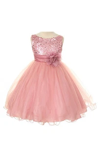 Flower Girl Dress Sequin Double Mesh Special Occasion Dress Dusty Rose - Picture 1 of 10