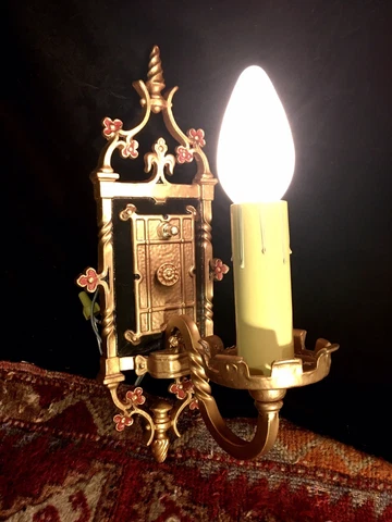 Antique Vtg 1920s Victorian Gothic Medieval Single Wall Light Fixture Polychrome Cover